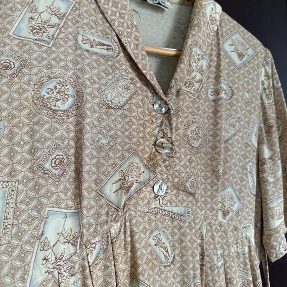 90s Vintage David Dart Force One Cream tan Portrait Print Babydoll Dress Medium - Picture 4 of 9
